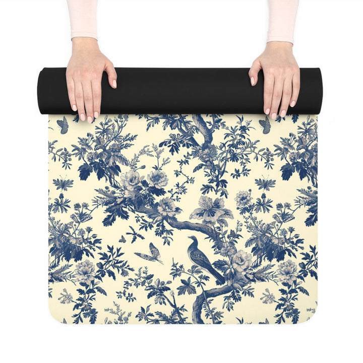 Elegant Toile de Jouy Yoga Mat – Extra Long, Non-Slip, Vintage French Design, Includes Strap