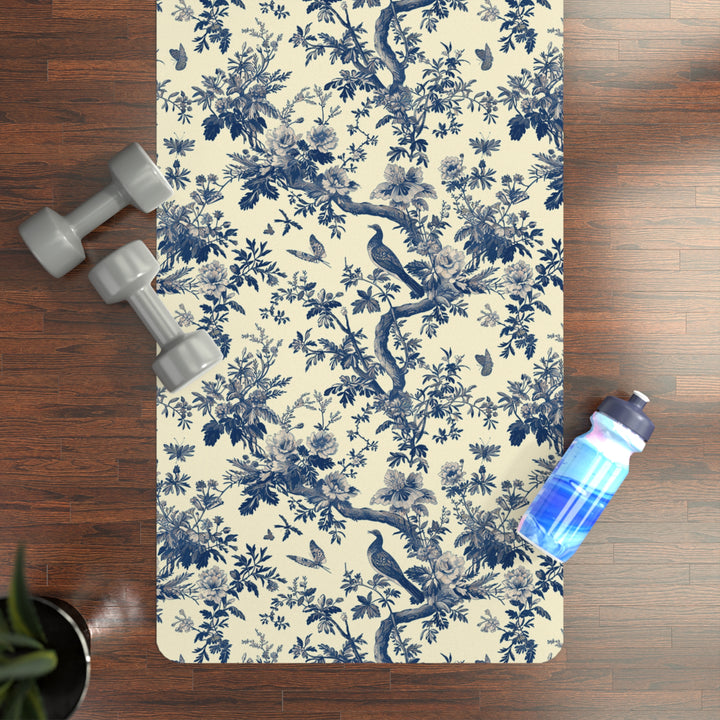 Elegant Toile de Jouy Yoga Mat – Extra Long, Non-Slip, Vintage French Design, Includes Strap